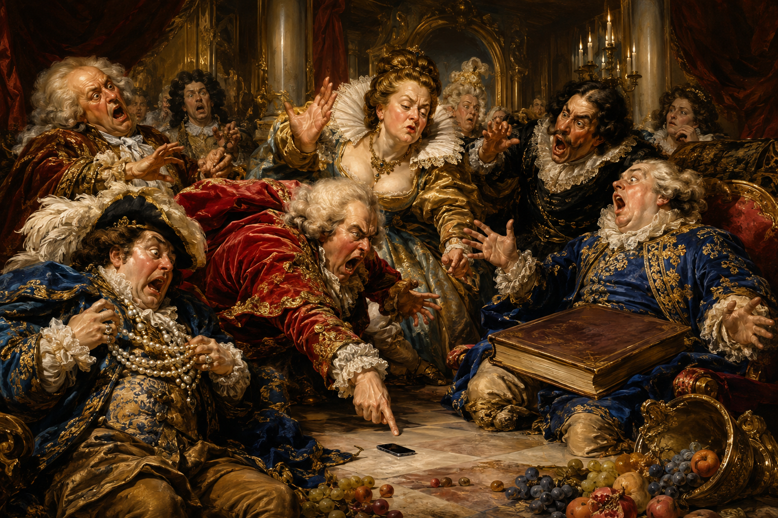 An extravagant oil painting of aristocrats fighting over a tiny smartphone, with flying fruit, furious gestures and an enormous unopened book.