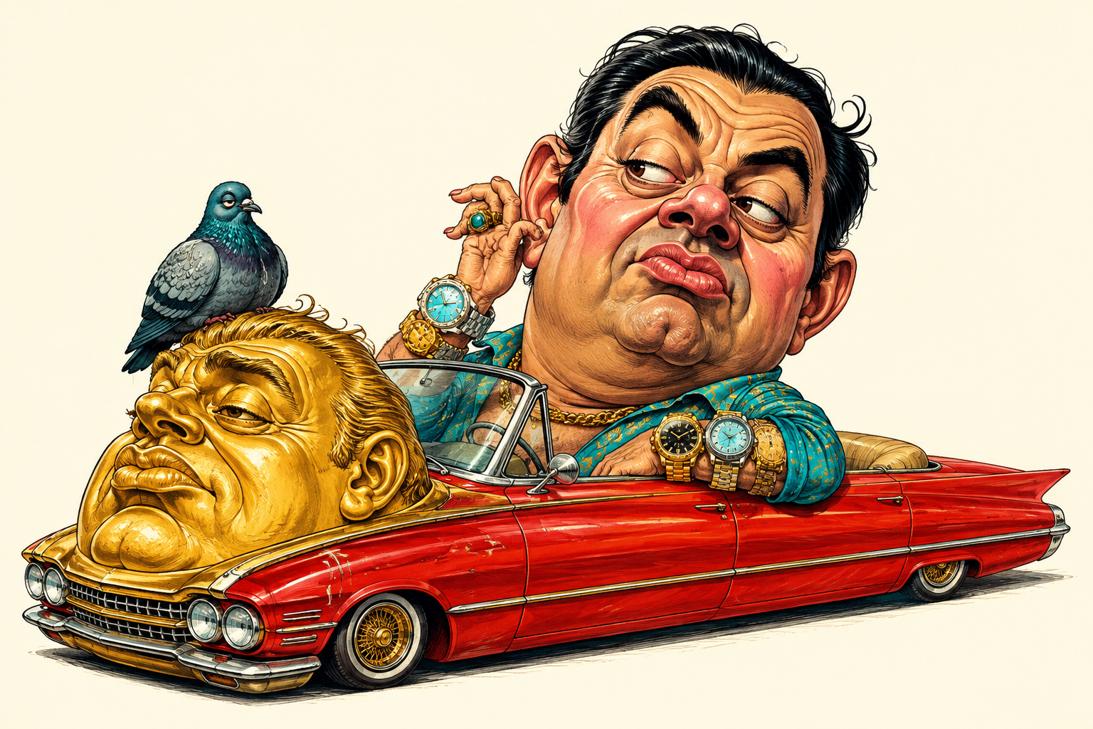 A man wearing enormous watches peeks out of a ridiculous red luxury car decorated with a giant gold sculpture of his own head. A pigeon sits on it.