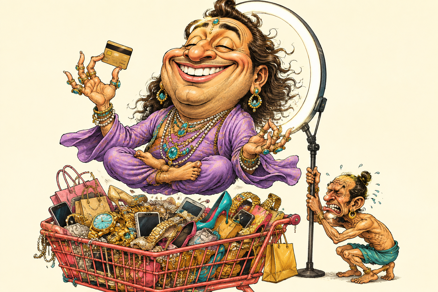 A blissful guru floats above a shopping cart full of luxury purchases, clutching a credit card while an assistant holds a ring light like a halo.
