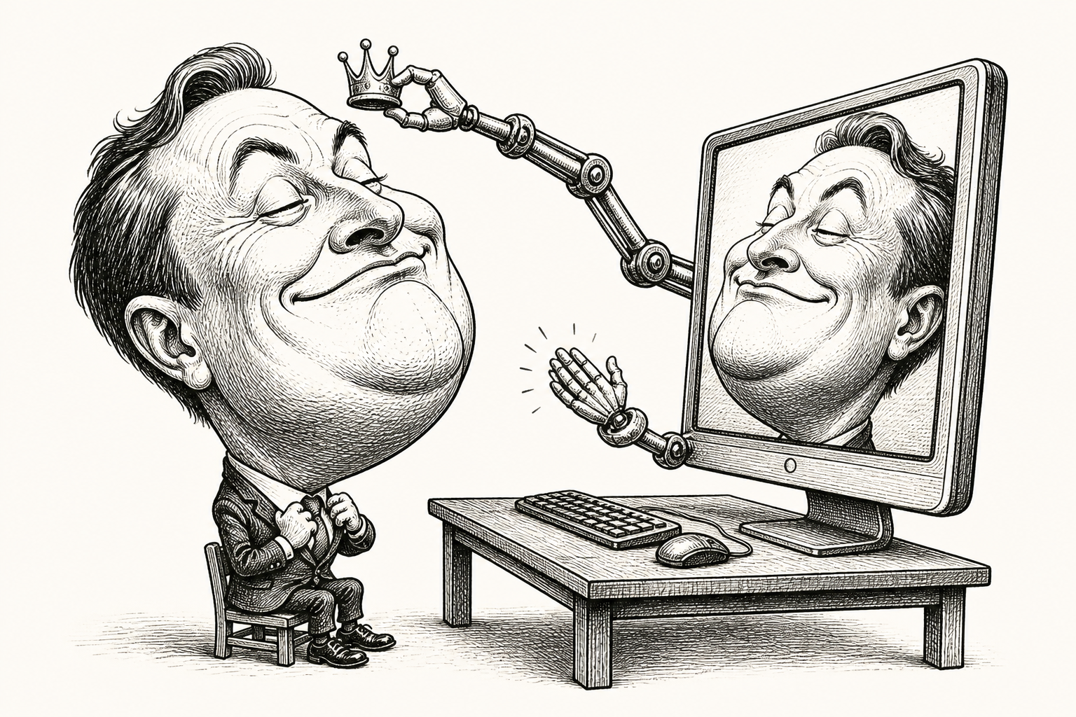 A computer crowns a delighted man with a gigantic head and applauds him with a mechanical hand.