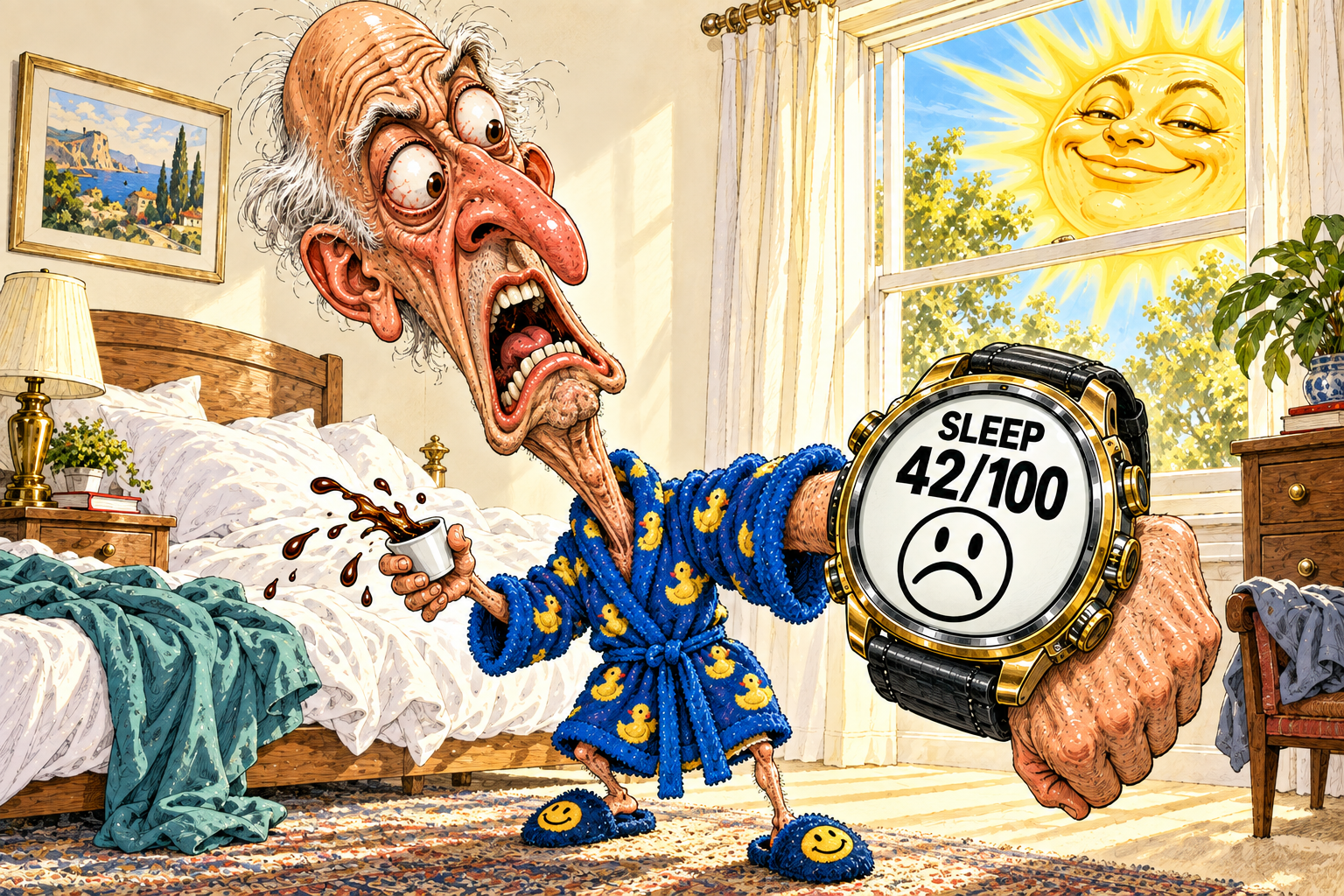 An elderly man with a towering narrow bald head, white wisps and a long neck spills espresso from his tiny duck-robed body. His enormous wristwatch declares SLEEP 42/100 with a sad face while a smug sun grins through the bedroom window.