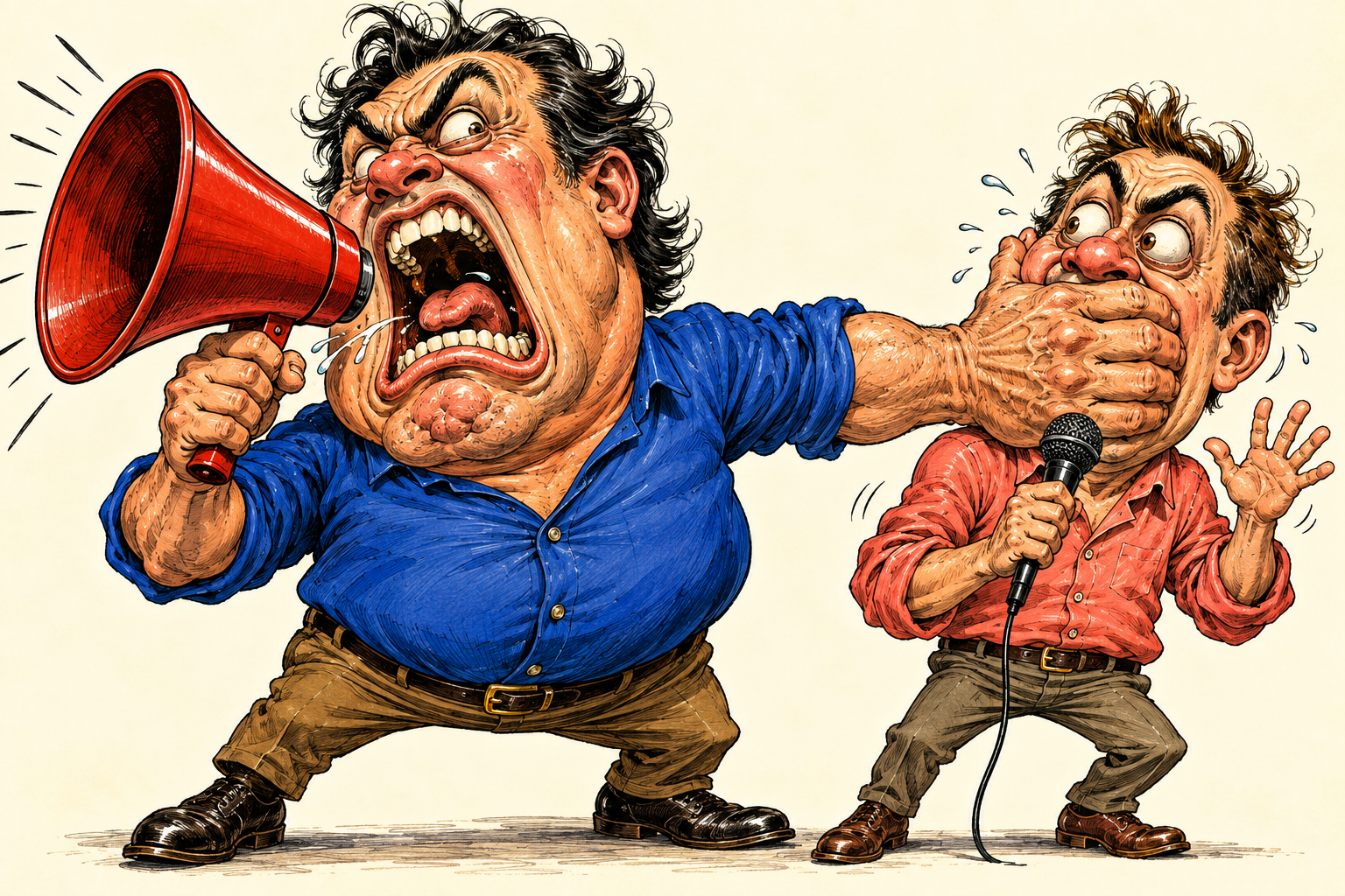 A red-faced man with a gigantic mouth bellows through a megaphone while his enormous other hand clamps a second speaker’s mouth shut.