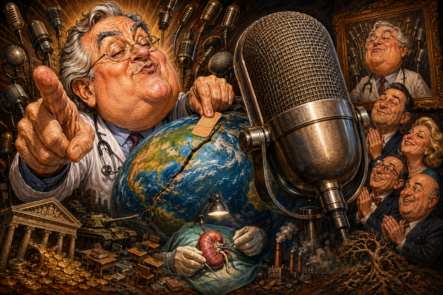 A grandiose surgeon patches a cracked planet with a tiny bandage beside a gigantic podcast microphone. His expertly repaired kidney sits in a small corner while admirers applaud his advice on everything.