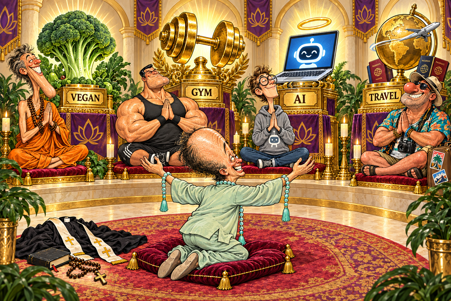 A huge-foreheaded man kneels before four golden shrines labeled VEGAN, GYM, AI and TRAVEL, worshipping broccoli, a dumbbell, a haloed chatbot laptop and a globe. Four devotees pose beside the idols while his discarded church robe, book and cross lie behind him.