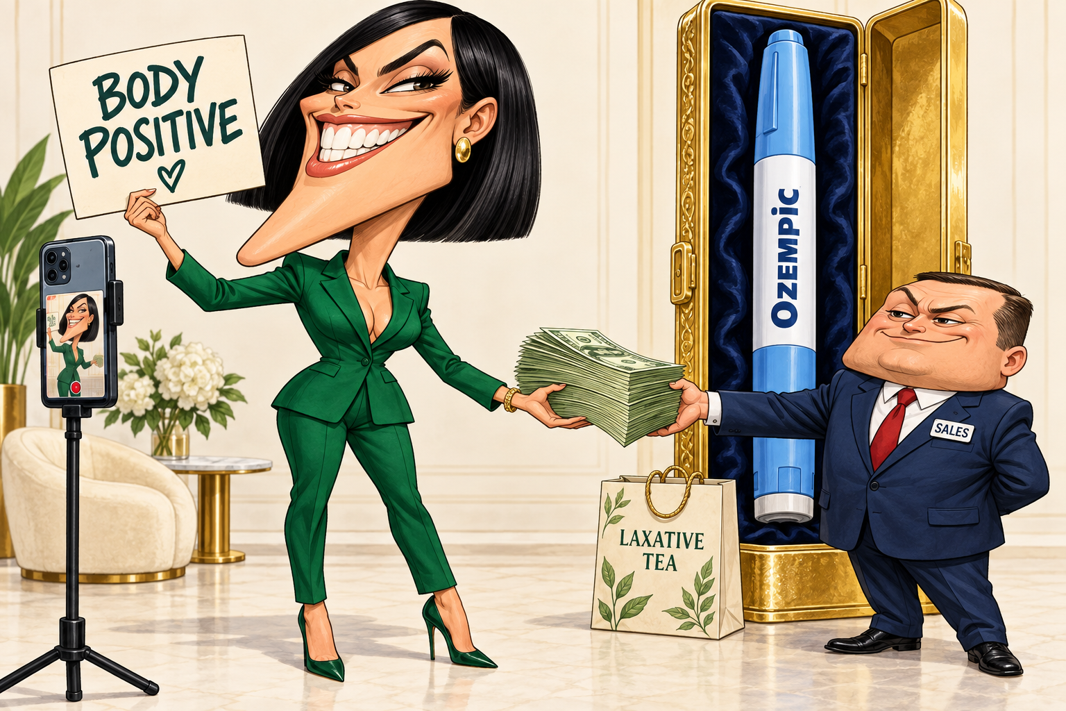A grinning angular influencer in an emerald suit holds a BODY POSITIVE sign toward a filming phone while accepting a huge stack of cash from a squat sales representative. An enormous Ozempic pen sits in a gold presentation case beside a LAXATIVE TEA bag.