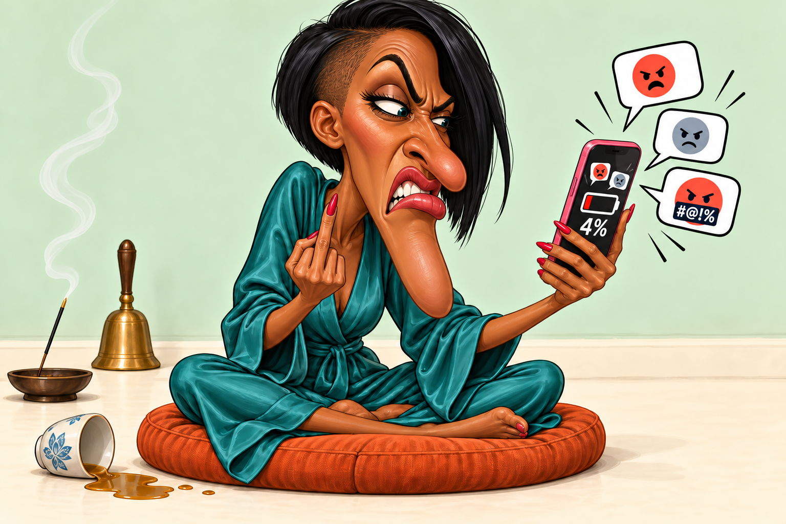 A Black woman with a huge angular face, swept black hair, a long nose and curled sneering lips raises her middle finger at a phone showing angry comments and 4% battery. Her small teal-robed body sits on an orange meditation cushion beside incense, a brass bell and spilled tea.
