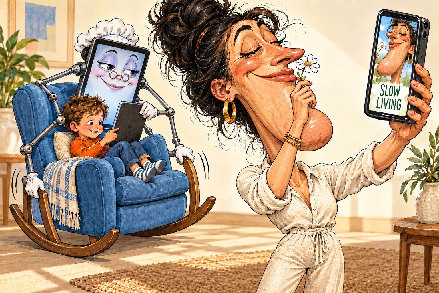 A woman with an enormous elongated chin smells a daisy while taking a SLOW LIVING selfie; behind her, a smiling tablet nanny with mechanical arms rocks a safely seated child’s blue chair.