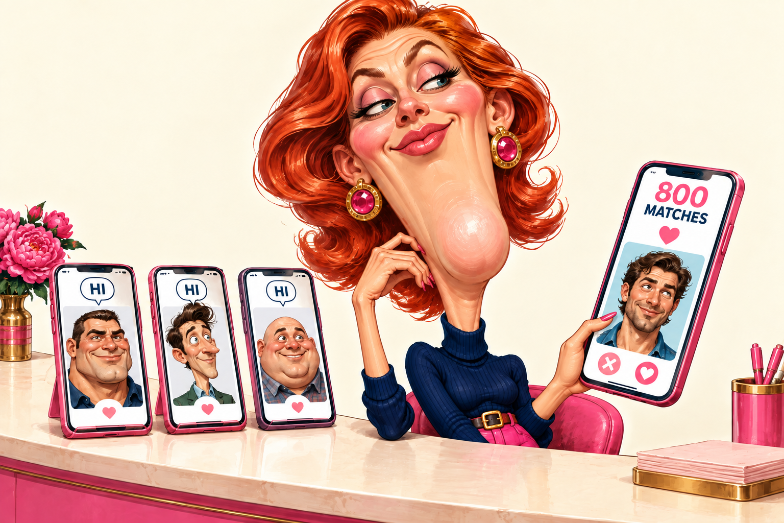 A red-haired woman with an elongated chin smiles beside three phones showing different men saying HI while holding a fourth phone marked 800 MATCHES.