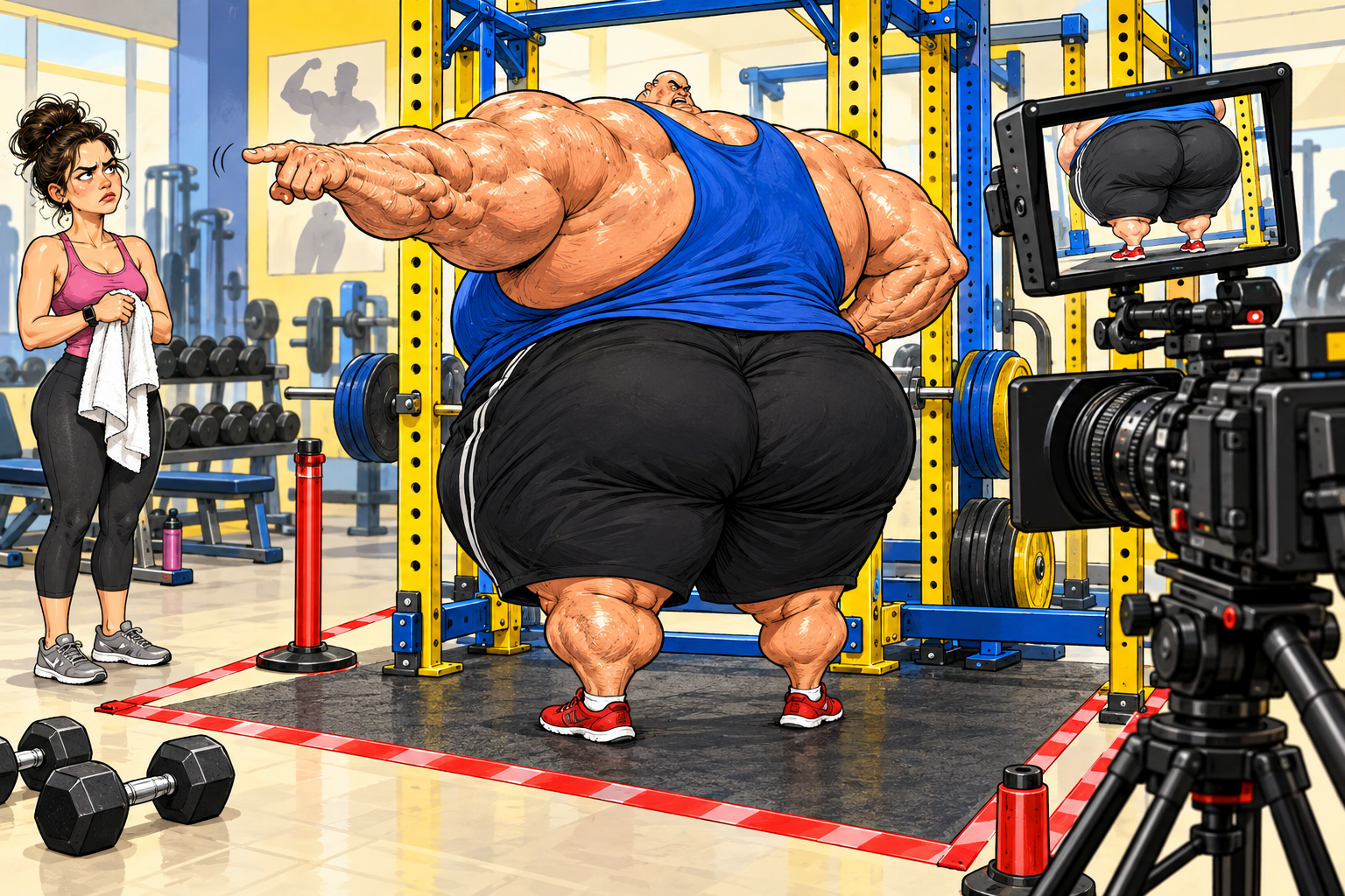An enormous muscular man with a tiny bald head points a waiting woman away from a taped gym filming area while a foreground camera monitor shows his black athletic shorts.