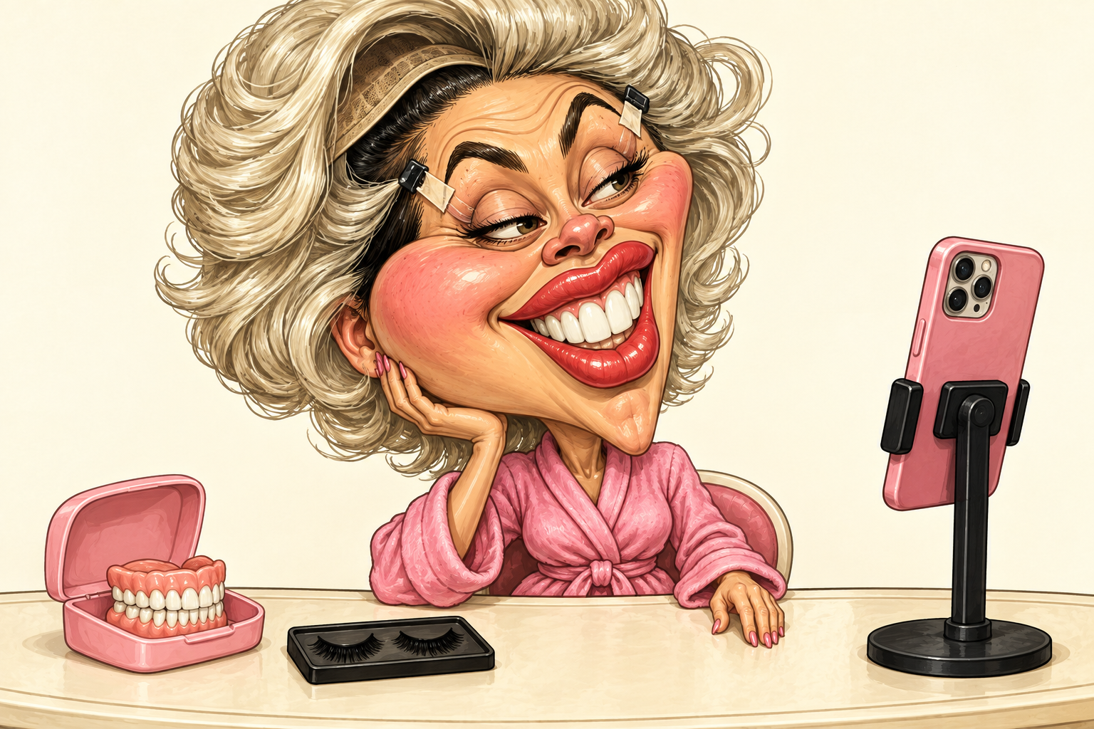 A woman with a huge asymmetric face poses for a phone with taped eyebrow clips and a shifted blonde wig; spare dentures and false eyelashes sit on the vanity.