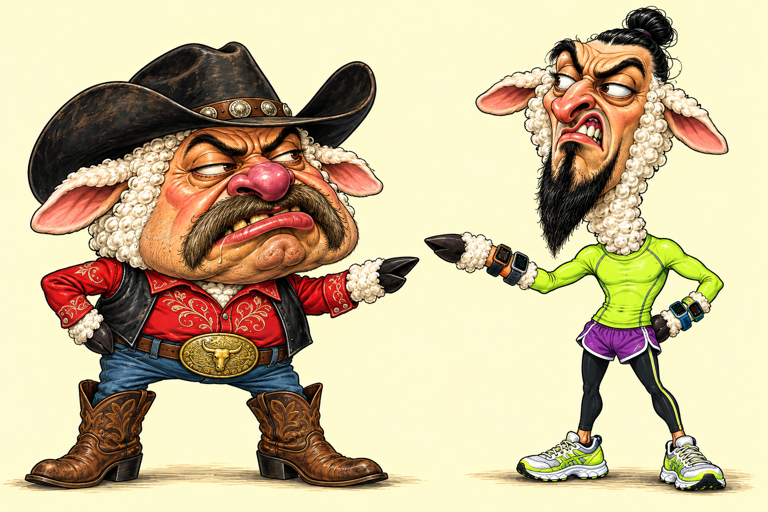A broad-faced cowboy sheep in a black hat, embroidered red shirt and boots argues with a long-faced wellness sheep wearing lime sportswear, a topknot and several watches. Both point their black hooves at each other.