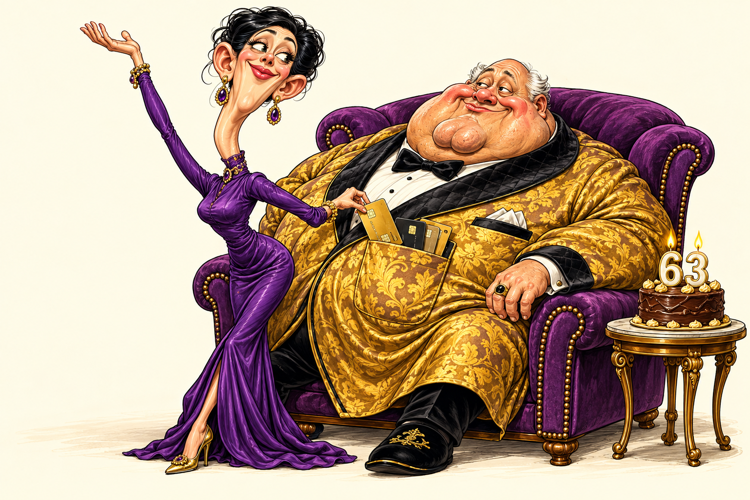 A woman with a long curved neck raises one hand and takes a gold card from an older man's overflowing robe pocket as he lounges beside a cake with 63 candles.