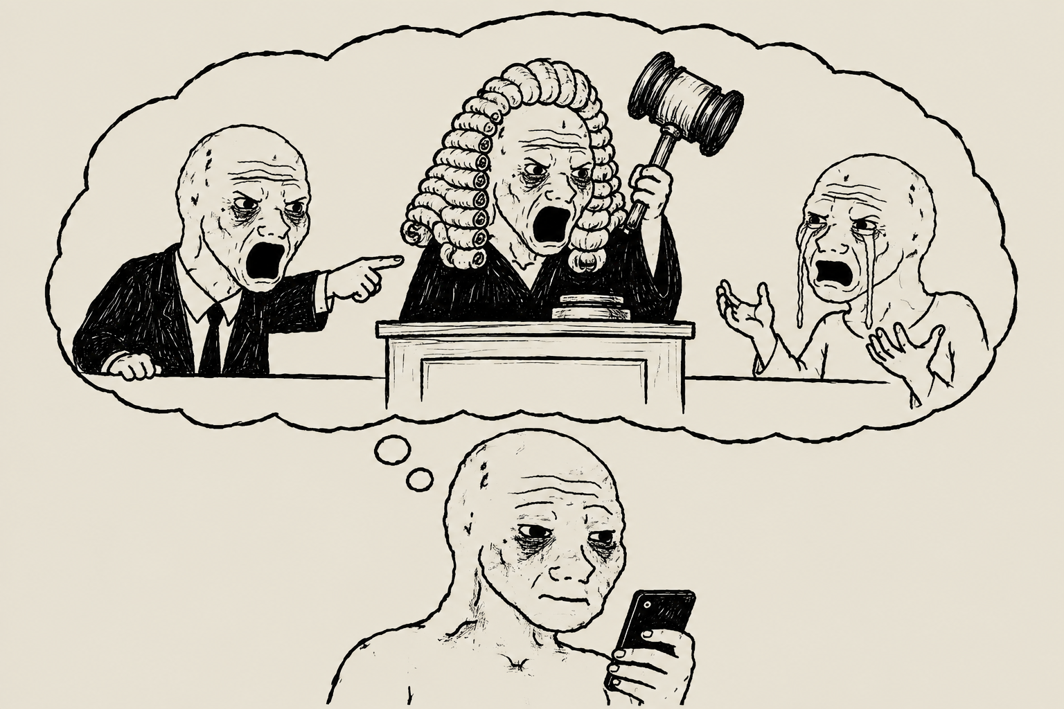 A man reads his phone while three furious versions of himself hold a trial inside his head.