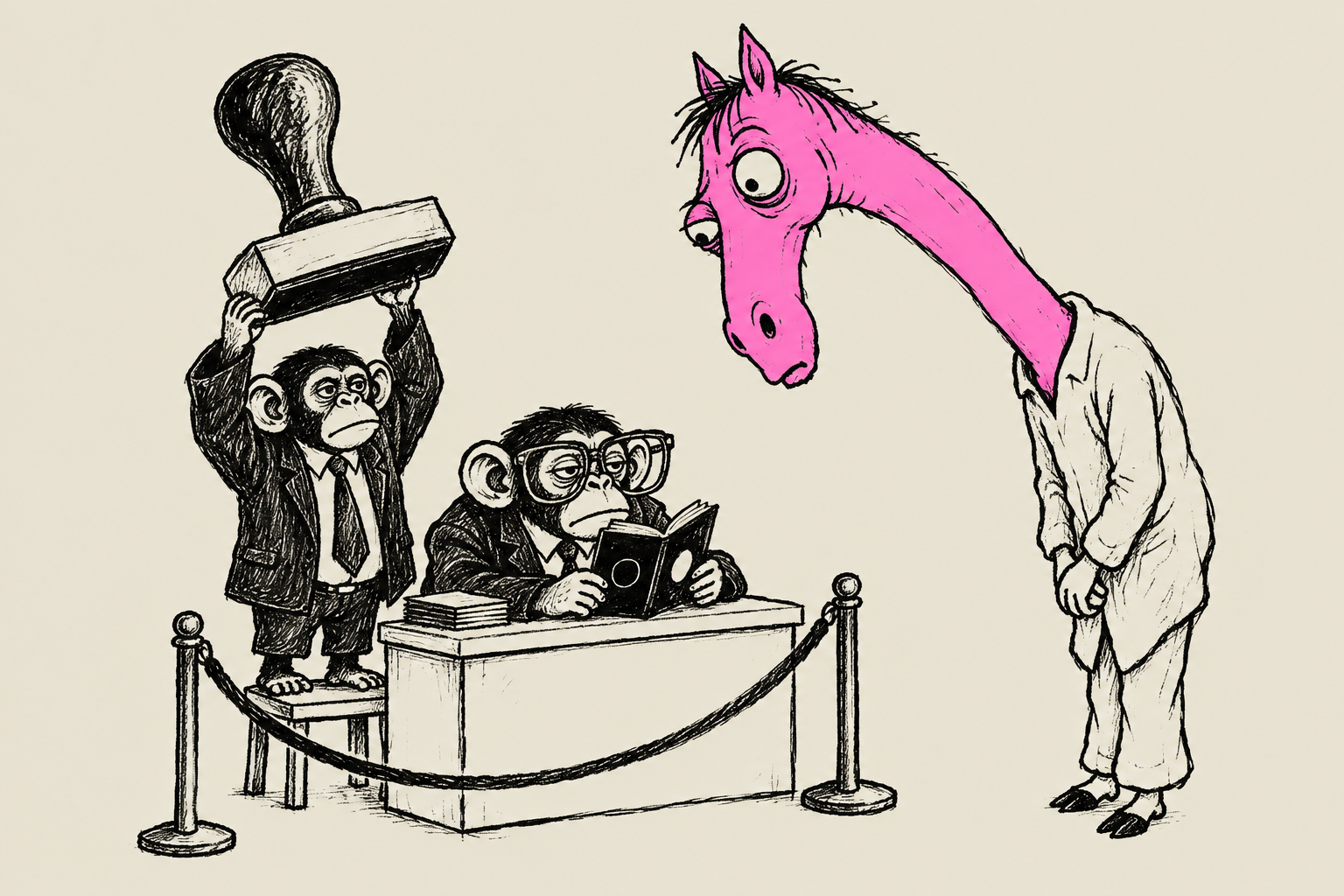Two monkeys in business suits inspect a passport while an awkward pink horse-headed traveller waits at their checkpoint.
